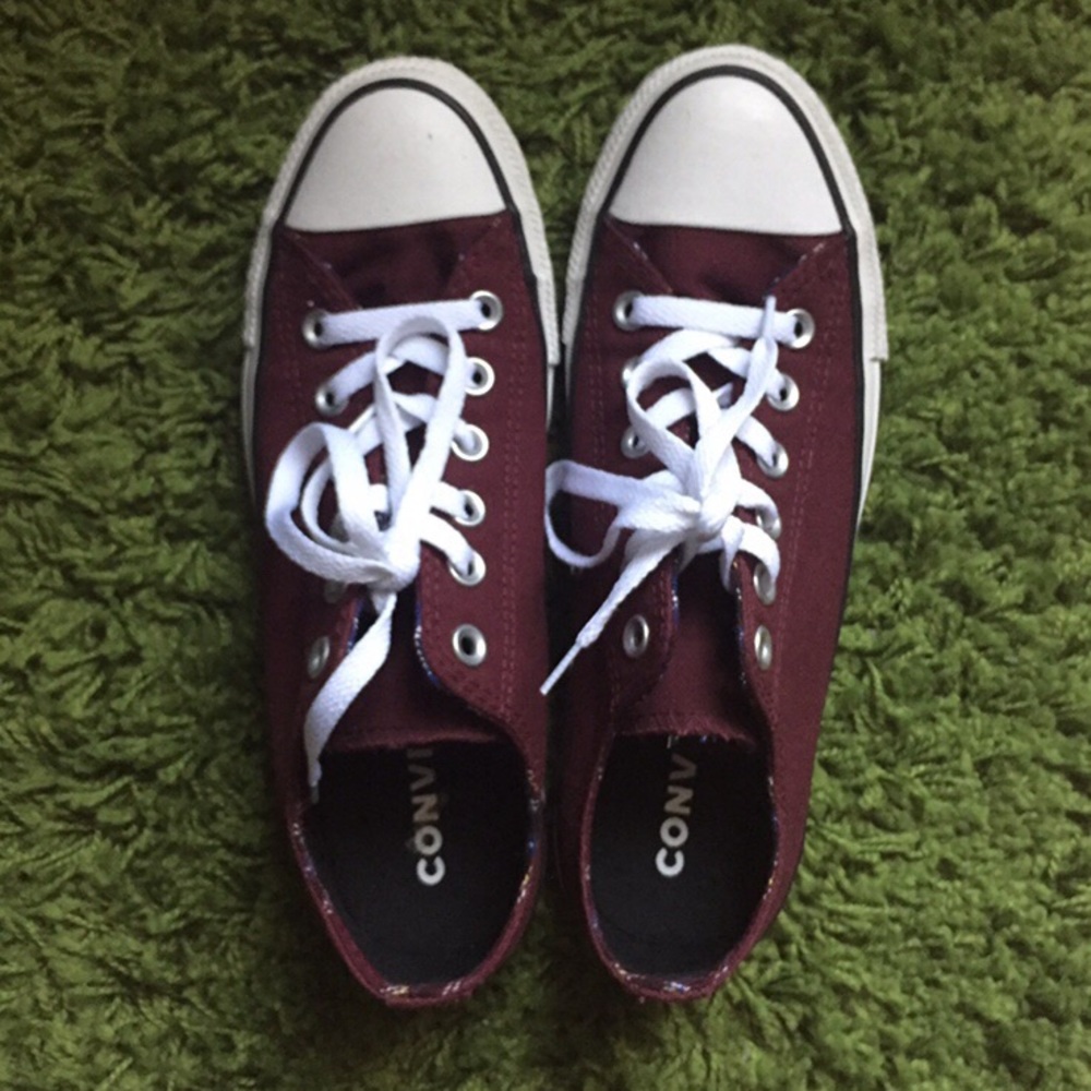 burgundy converse with multicolor plaid stitching